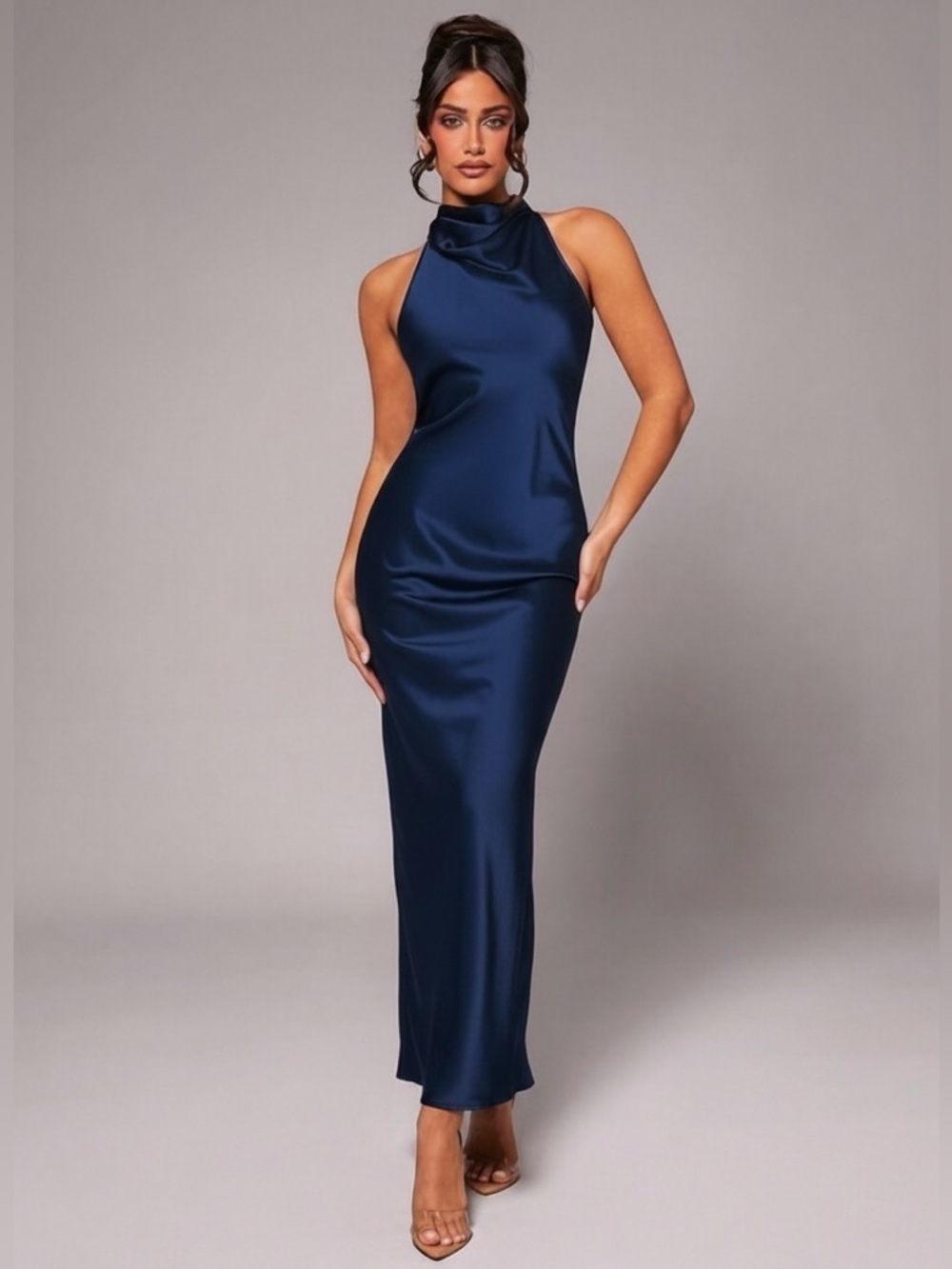 Silquee Sleeveless Dark Navy Satin Halter Maxi Dress